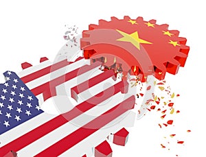 Usa china relationships trading  economy competion gears with flags and broken piecies  black background - 3d rendering