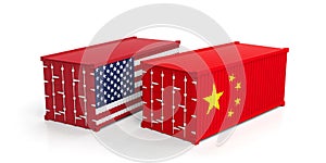 USA and China trade. US of America and chinese flags shipping containers isolated on white background. 3d illustration