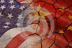 USA and China trade war economy recession conflict tax business finance money - Relations America and chinese flags cracked wall