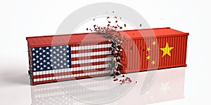 USA and China trade war. US of America and chinese flags crashed containers isolated on white background.