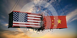 USA and China trade war. US of America and chinese flags crashed containers on sky at sunset background.