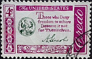 USA - Circa 1960 : a postage stamp printed in the US showing American Credo: Abraham Lincoln