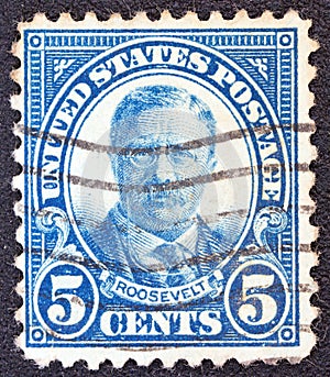 USA - CIRCA 1922: A stamp printed in USA shows president Theodore Roosevelt, circa 1922.