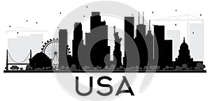 USA City skyline black and white silhouette.