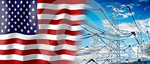 USA - country flag and electricity pylons