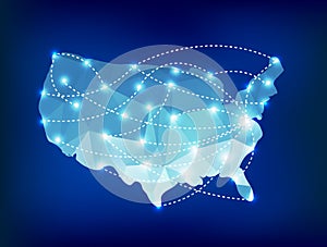 USA country map polygonal with spot lights places