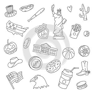 Usa country nation doodle hand drawn set collections with outline black and white style