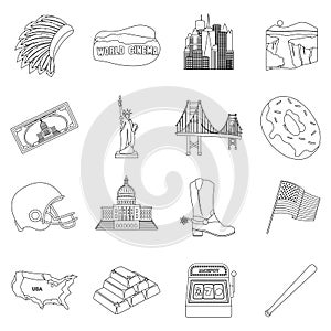 USA country set icons in outline style. Big collection of USA country vector symbol