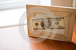 USA currency. Dollars. Money from United States. Bils on wood table
