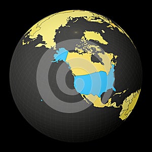 USA on dark globe with yellow world map.