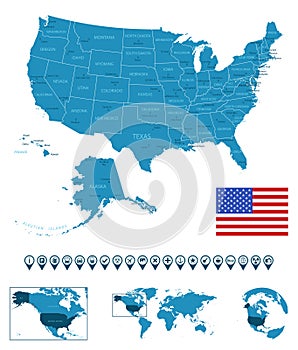 USA - detailed blue country map with cities, regions, location on world map and globe. Infographic icons