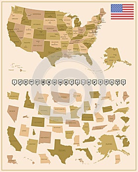 USA - detailed map of the country in brown colors, divided into regions