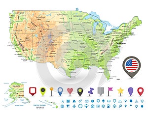 USA detailed physical map and navigation icons