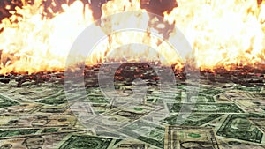 Usa dollar bills burning fire concept background