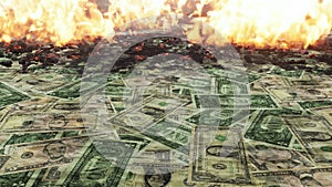 Usa dollar bills money burning in fire 3D concept