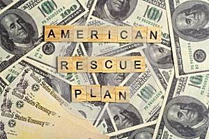 USA dollars background. American rescue plan, USA relief program, stimulus check and Act of 2021 concept. Money