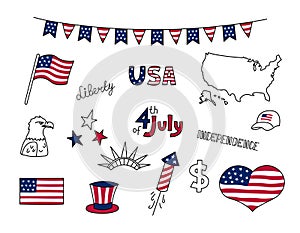 USA doodles set. United States of America vector design elements isolated on white background. Collection of US national