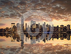 USA downtown skyline at dusk on the East River