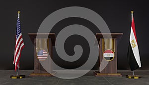 USA and Egypt flags. USA and Egypt flag. USA and Egypt negotiations. Rostrum for speeches. 3D work and 3D image