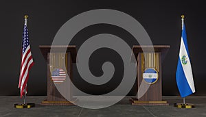 USA and El Salvador flags. USA and El Salvador flag. USA and El Salvador negotiations. Rostrum for speeches. 3D work and 3D image