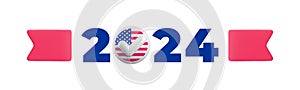 USA election 2024 numbers with checkmark symbol and red ribbons. Realistic vector 3d voting round badge with American