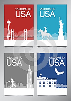 USA famous landmark and symbol in silhouette style with national flag color theme brochure set