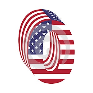 USA flag 3d alphabet letter zero. Textured font