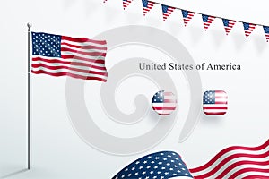 USA Flag 3d Elements Waving Flagpole Bunting Buttons