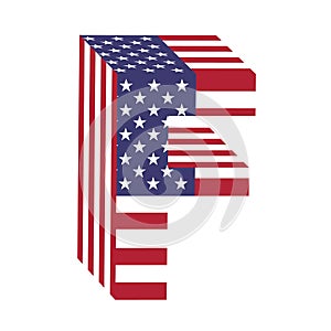 USA flag 3d latin alphabet letter F. Textured font