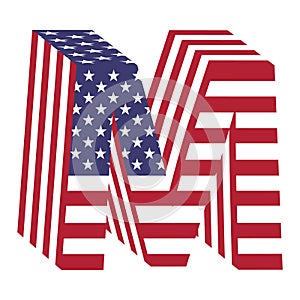 USA flag 3d latin alphabet letter M. Textured font