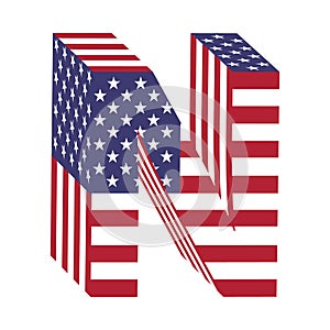 USA flag 3d latin alphabet letter N. Textured font