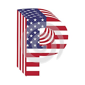 USA flag 3d latin alphabet letter P. Textured font