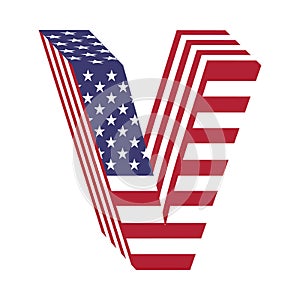 USA flag 3d latin alphabet letter V. Textured font