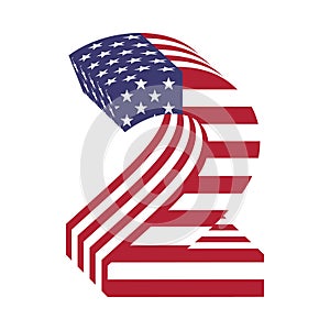 USA flag 3d latin alphabet number 2. Textured font