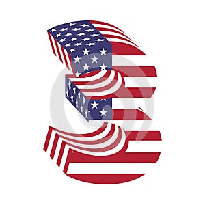 USA flag 3d latin alphabet number 3. Textured font