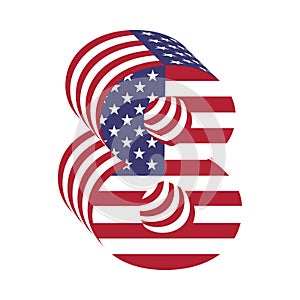 USA flag 3d latin alphabet number 8. Textured font