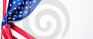 USA flag. American flag. American flag blowing wind. Close-up. Studio shot. Banner with a USA flag. on white