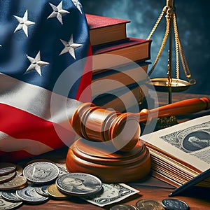 USA flag behind legal books, gavel, scales, and currency. American Legal System Concept