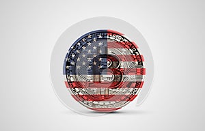 USA flag on a bitcoin cryptocurrency coin. 3D Rendering