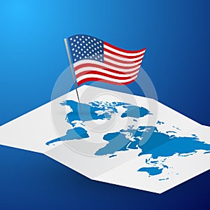 USA flag on blank vector world map abstract blue travel America concept