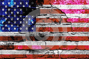 USA flag on a brick wall background with broken plaster