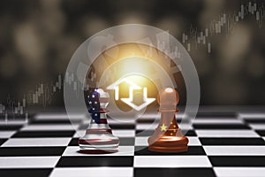 USA flag and China flag print screen on pawn chess with bokeh and stock chart background.It is symbol of tariff trade war tax