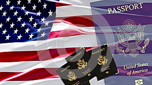 USA Flag Close Up and American Passport, 4K 3D Video Composition. Concept: Citizenship USA, Registration