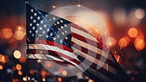 USA flag with colorful blurred fireworks background, independence day or veteran day celebration