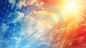 The USA flag design in sunny cloudy sky. Generative AI