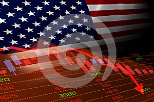 USA Flag and Economic Downturn With Stock Exchange Market Indicators in Red photo