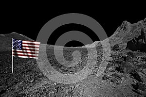 USA flag on empty planet landscape, dark lunar background