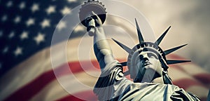 The USA Flag Enhances the Magnificence of the Statue of Liberty. Generative AI