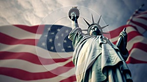 The USA Flag Enhances the Magnificence of the Statue of Liberty. Generative AI