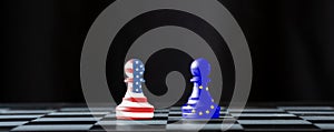 USA flag and EU flag print screen on two  pawn chess for battle.It is symbol of United States of America increase tariff tax